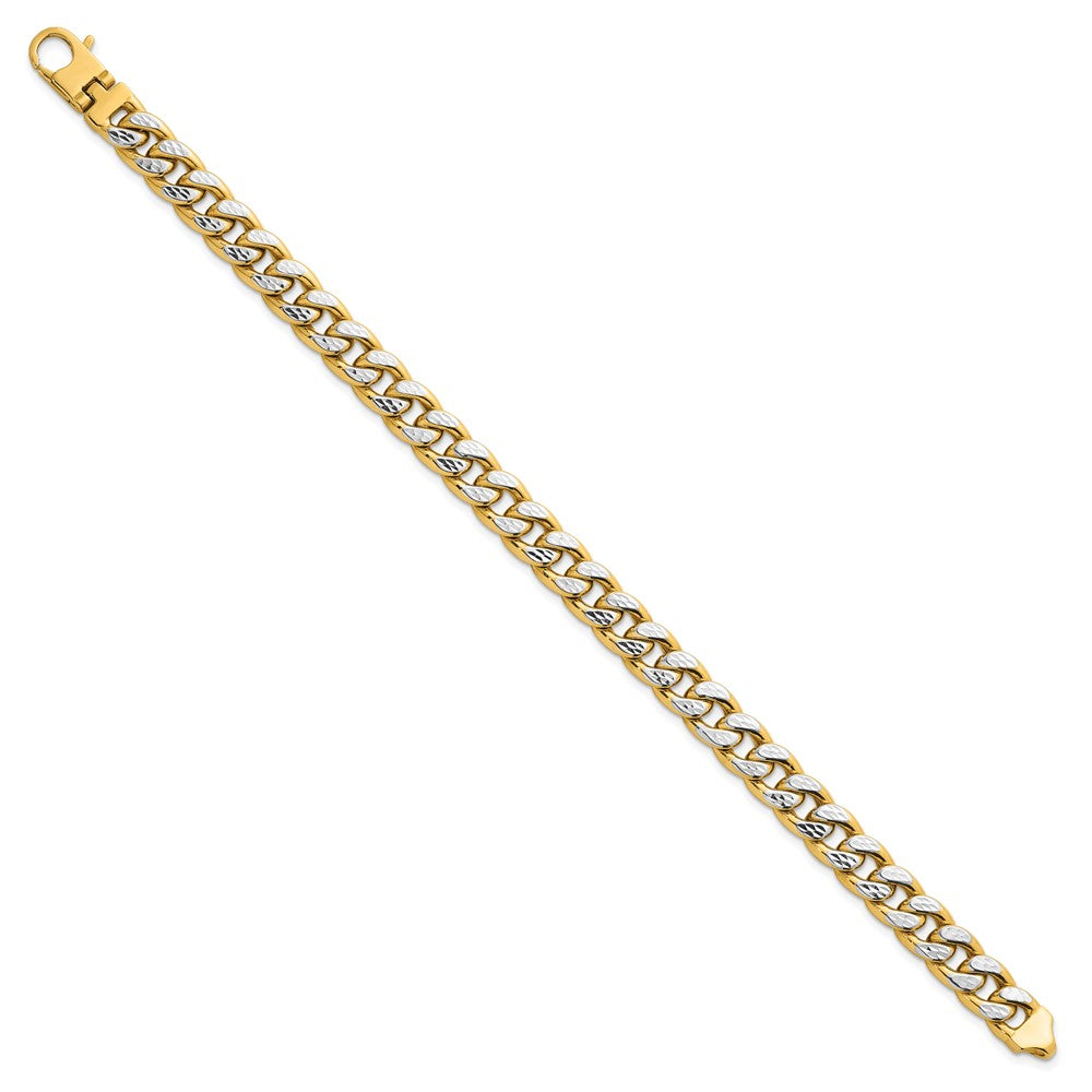 14K Gelbgold mit Rhodium Pavé Strukturiert 8.5mm Flach Panzer Kette Herren Armband