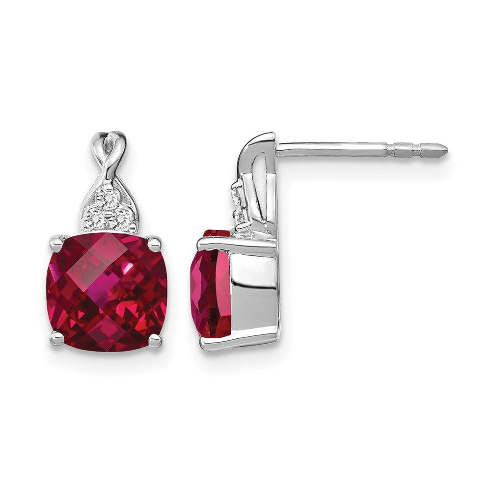 14K Weißgold Ohrstecker mit 7 mm Kissenschliff-Schachbrettmuster-Juli/Labor-Rubin und Diamanten