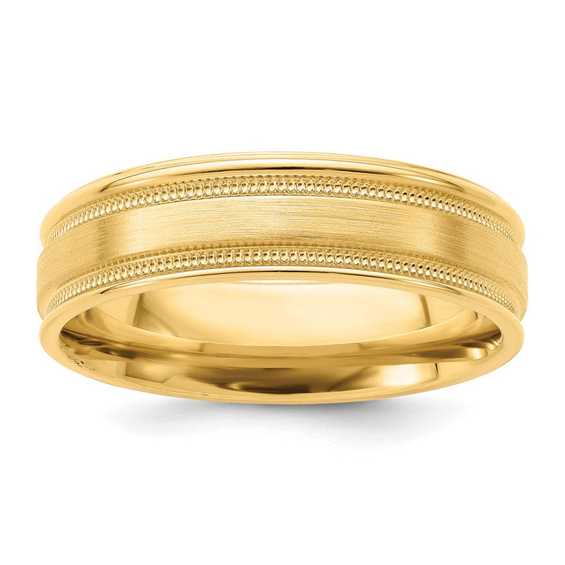 14K Gelbgold 6 mm Ehering mit hohem Gewicht, Komfort-Passform, gebürstet-satinierter/polierter Oberfläche, Milgrain und geriffelter Kante