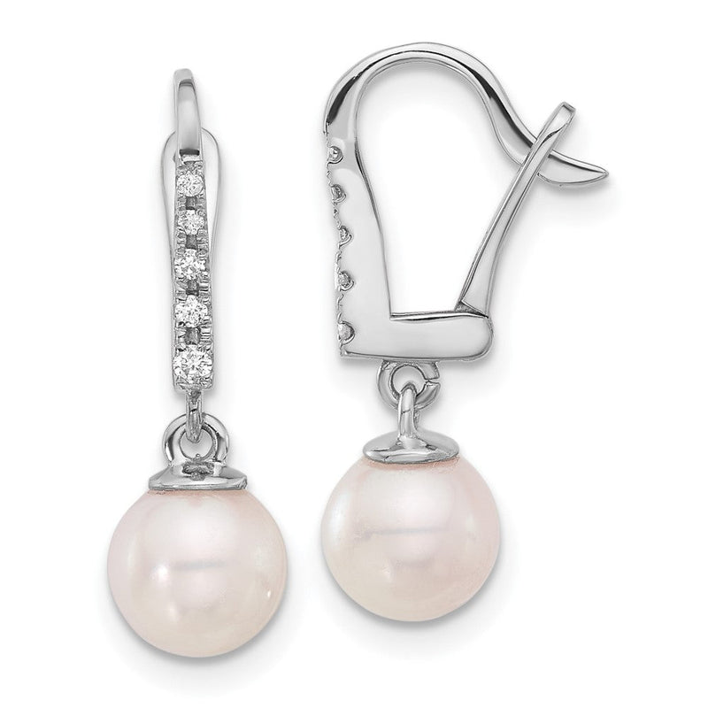14K Weißgold 6-7mm Weiß Rund Akoya Salzwasser Zuchtperle Und.085 Karat Diamant Ohrhänger