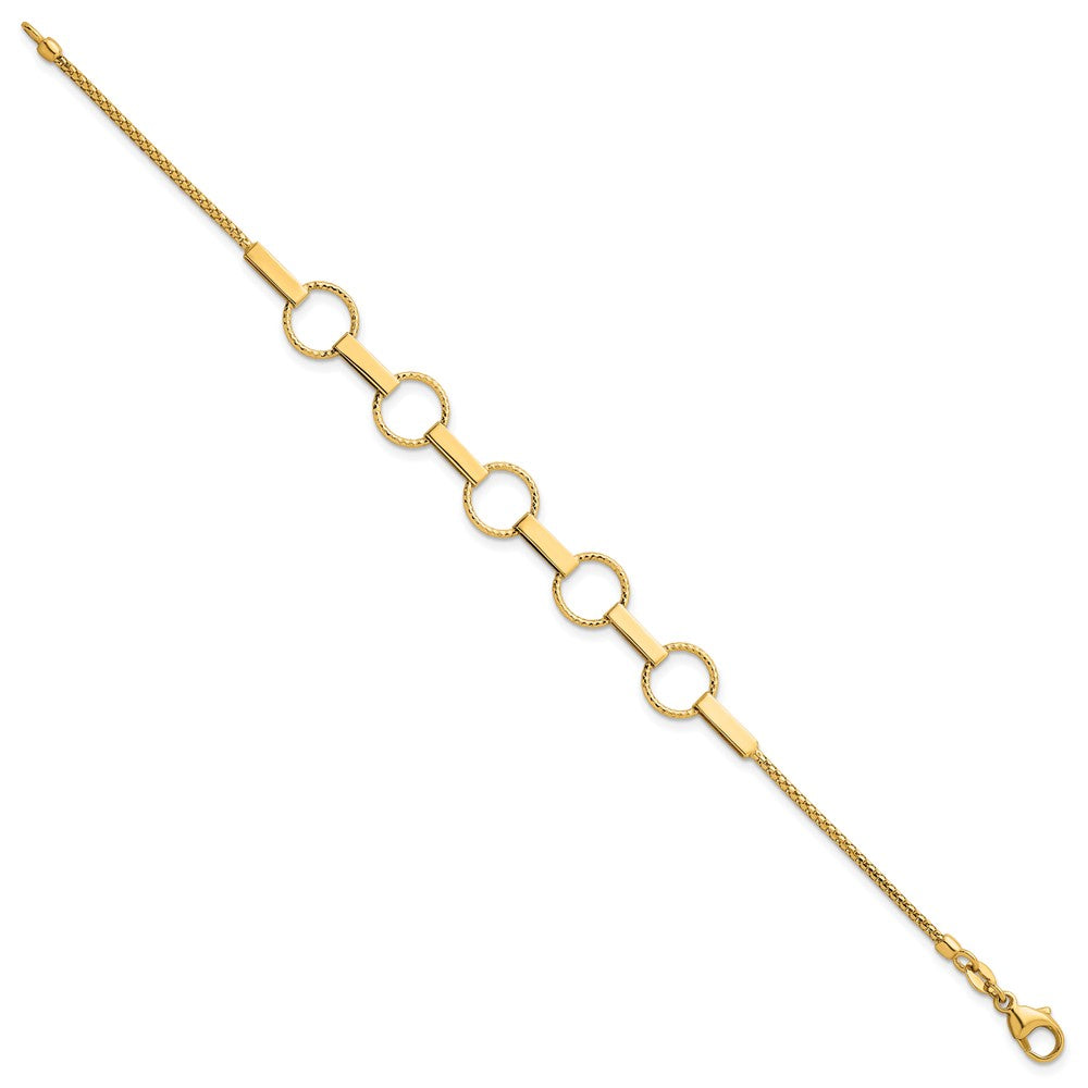 14K Gelbgold Poliert und Strukturiert Kreise und Bars 7.5 Zoll Armband