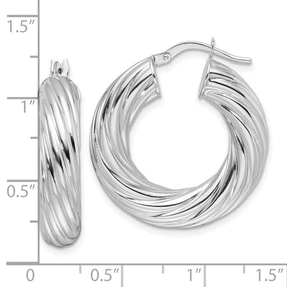 14K Weißgold Poliert 6mm Gedreht Hohl Rund Creolen