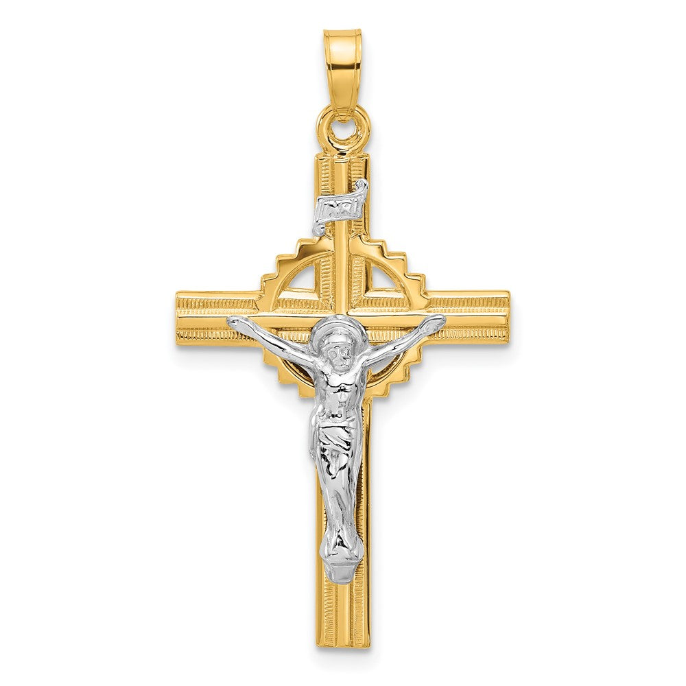 14K Bicolor Gold Strukturiert Hohl Inri Iona Kruzifix Pendent