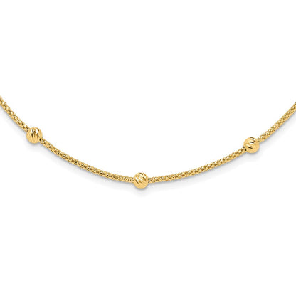 14K Gelbgold Poliert Diamantiert Perlen und Netz Kette 17 Zoll Halskette