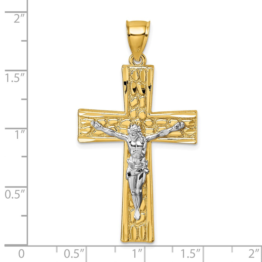 14K Gelbgold und Rhodium polierter, diamantgeschliffener Nugget-Kruzifix-Anhänger