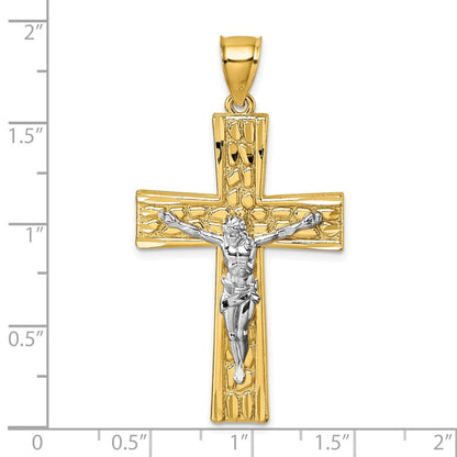 14K Gelbgold und Rhodium polierter, diamantgeschliffener Nugget-Kruzifix-Anhänger