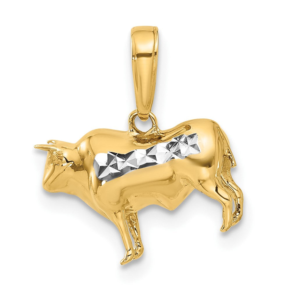 14K Gelbgold und Rhodium Diamant-geschliffener 3-D Bulle Anhänger
