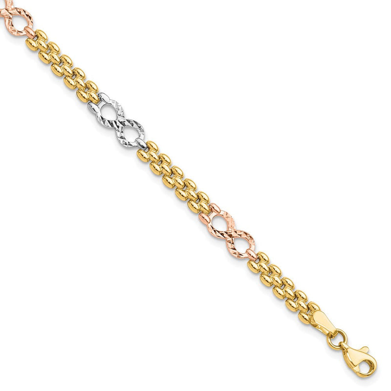 14K Tricolor Gold Tricolor Poliert und Strukturiert Unendlichkeit Fantasie Armband