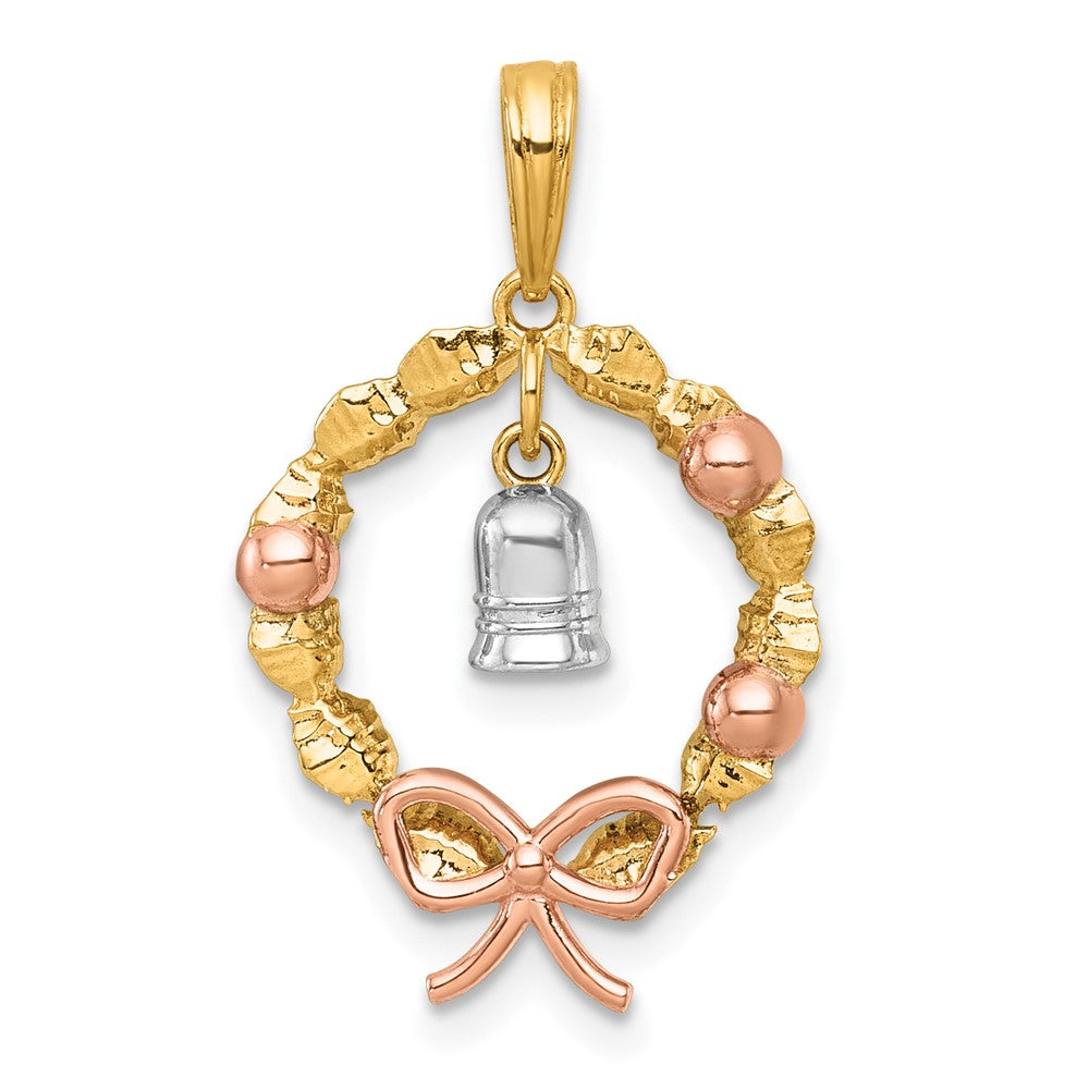 14K Zweifarbig-Gold Zweifarbig-vergoldeter Polierter Kranz-Charm mit Baumel-Glöckchen