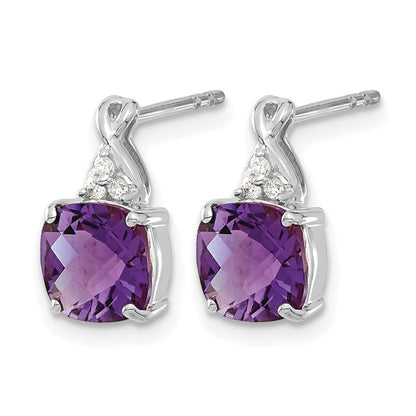 14K Weißgold Ohrstecker mit 7 mm Kissenschliff-Schachbrettmuster, Amethyst (Februar) und Diamanten