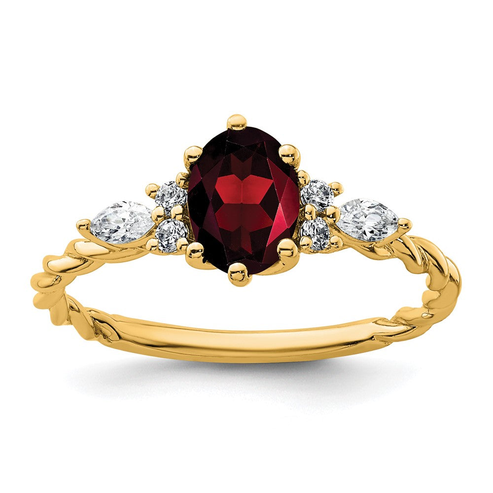 14K Gelbgold Ring mit Diamant und ovalem 7x5 Januar-/Granat-Stein, Größe 7, gedreht
