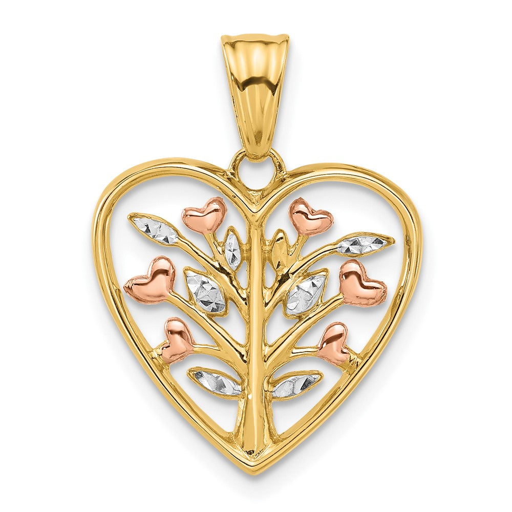 14K Gelbgold-plattierter und rhodinierter Diamantgeschliffener Baum-in-Herz-Anhänger