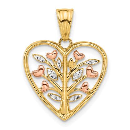 14K Gelbgold-plattierter und rhodinierter Diamantgeschliffener Baum-in-Herz-Anhänger