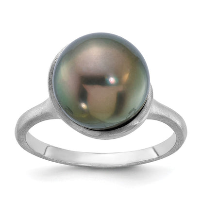 14K Weißgold Gebürstet 10-11mm Rund Schwarz Tahitian Salzwasser Zuchtperle Ring