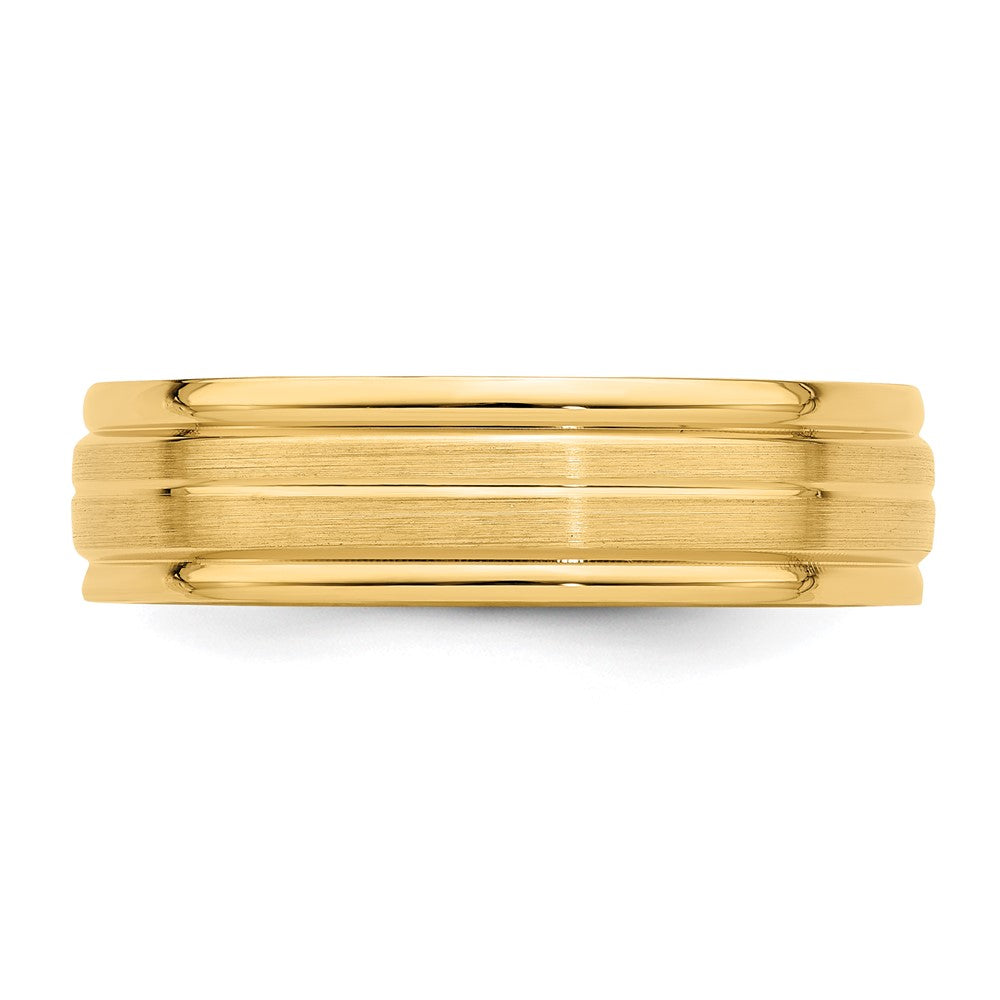 14K Gelbgold 6 mm Ehering mit Standardgewicht, Komfort-Passform, gebürstet-satiniert mit mittiger Linienverzierung