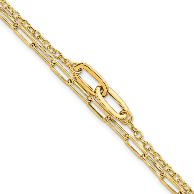 14K Gelbgold Poliert Büroklammer und Oval Ankerkette Glieder Doppelt Strang Gliederarmband