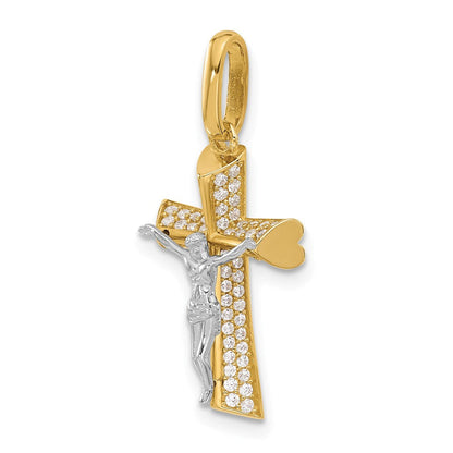 14K Bicolor Gold Zweifarbiger Polierter Zirkonia-Kruzifix-Anhänger mit Herzenden
