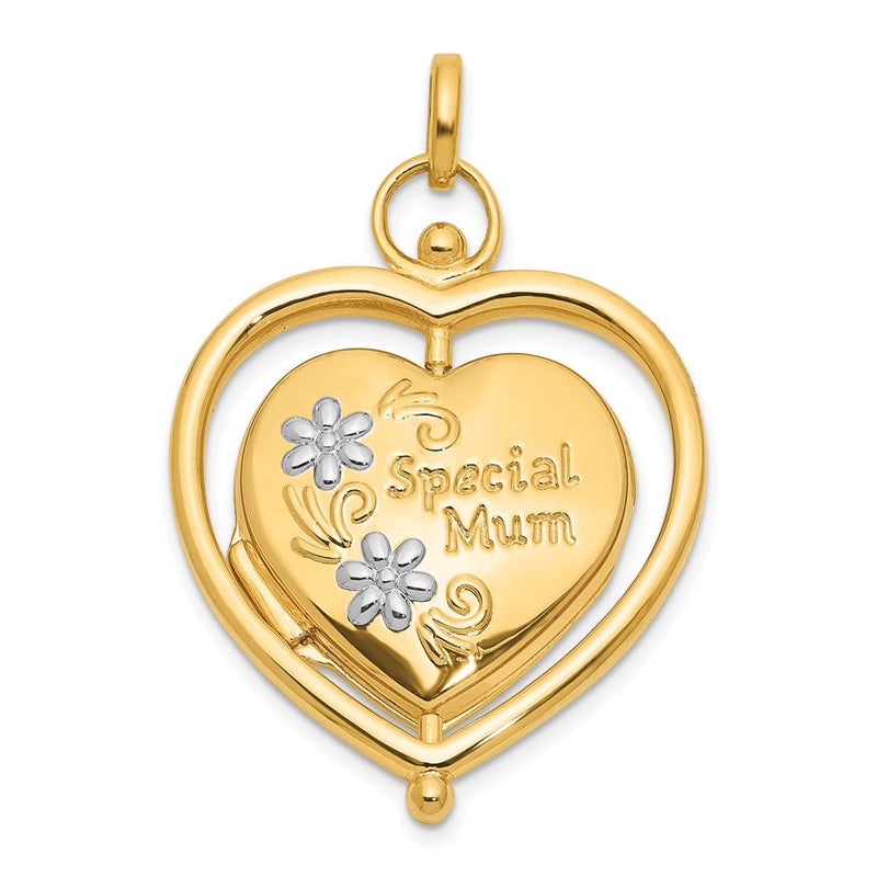 14K Gelbgold und Rhodium Blumen Special Mum und Baum in Spinning Rahmen Wendbar 15mm Herz Medaillon