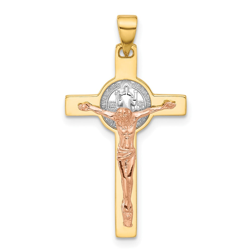 14K Bicolor Gold Kruzifix- und Sankt-Benedikt-Anhänger, zweifarbig mit Rhodium