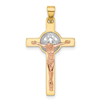 14K Bicolor Gold Kruzifix- und Sankt-Benedikt-Anhänger, zweifarbig mit Rhodium