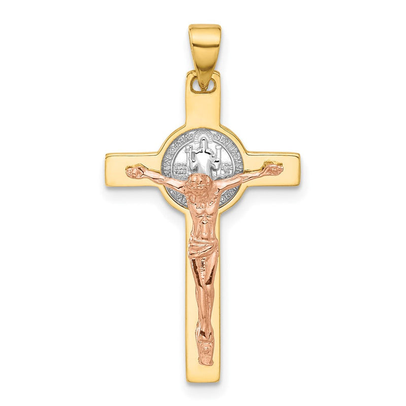 14K Bicolor Gold Kruzifix- und Sankt-Benedikt-Anhänger, zweifarbig mit Rhodium
