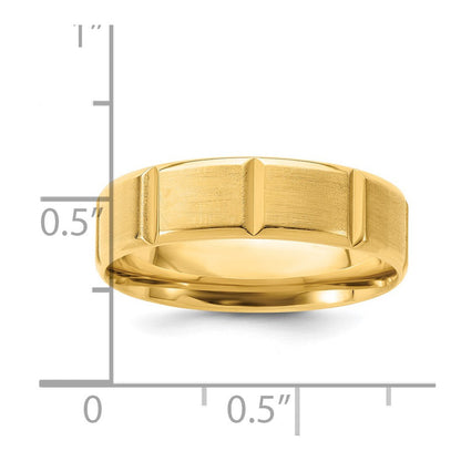 14K Gelbgold 6 mm Ehering mit Standardgewicht, Komfort-Passform, gebürstet/poliert, abgeschrägter Kante und vertikalen Linien