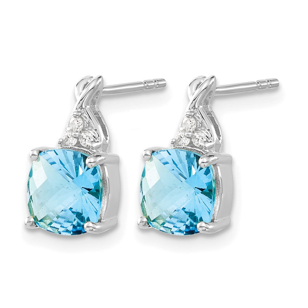 14K Weißgold Ohrstecker mit 7 mm Kissenschliff-Schachbrettmuster Dezember-Blautopas und Diamanten
