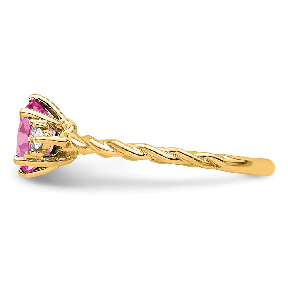 14K Gelbgold Ring mit Diamanten und 7x5 ovalem Oktober-Geburtsstein/im Labor gezüchtetem Rosa Saphir, Größe 7, gedreht