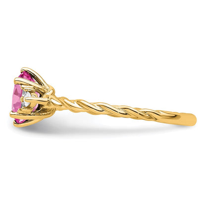 14K Gelbgold Ring mit Diamanten und 7x5 ovalem Oktober-Geburtsstein/im Labor gezüchtetem Rosa Saphir, Größe 7, gedreht
