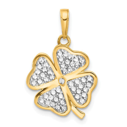 14K Gelbgold und Rhodium, poliert und diamantiert, Kleeblatt-Anhänger mit 4 Blättern