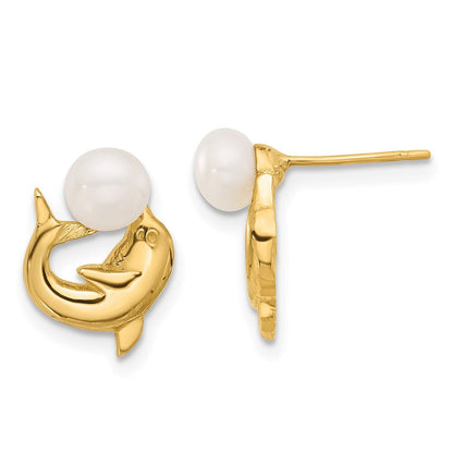 14K Gelbgold 5-6mm Knopf Süßwasser Zuchtperle Delfin Ohrstecker