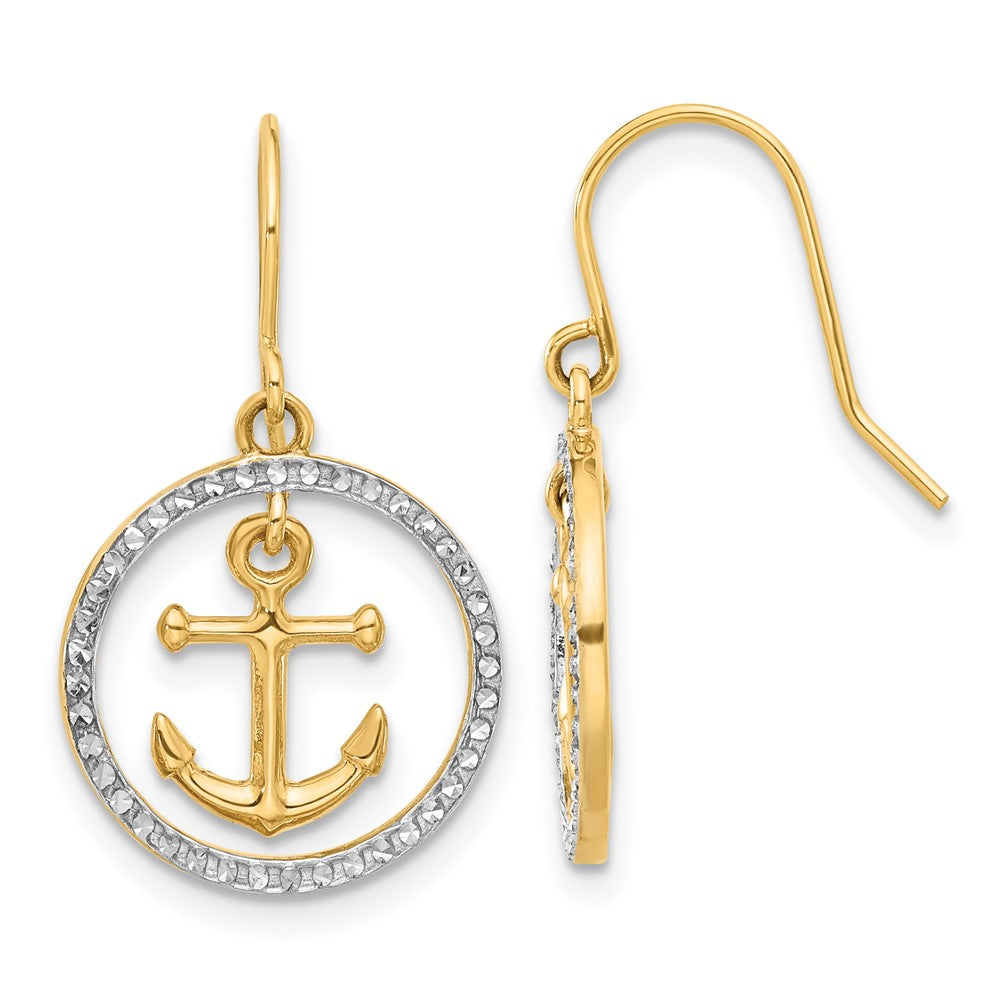 14K Gelbgold und Rhodium Diamantiert Anker Hängend in Kreis Ohrhänger