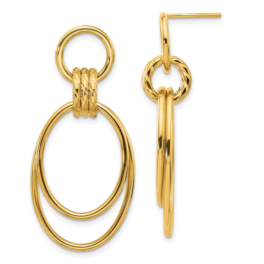 14K Gelbgold Poliert und Strukturiert Oval Hängend Ohrstecker