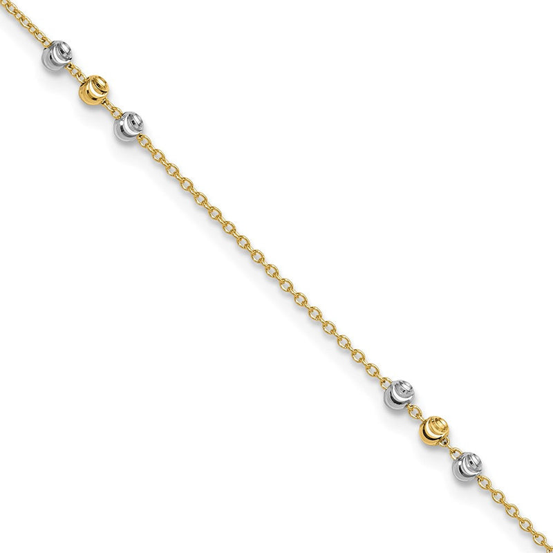 14K Bicolor Gold Bicolor Diamantiert Gekugelt 4-station 9 Zoll Plus 1 Zoll Verlängerung - Total 10 Zoll Fußkettchen