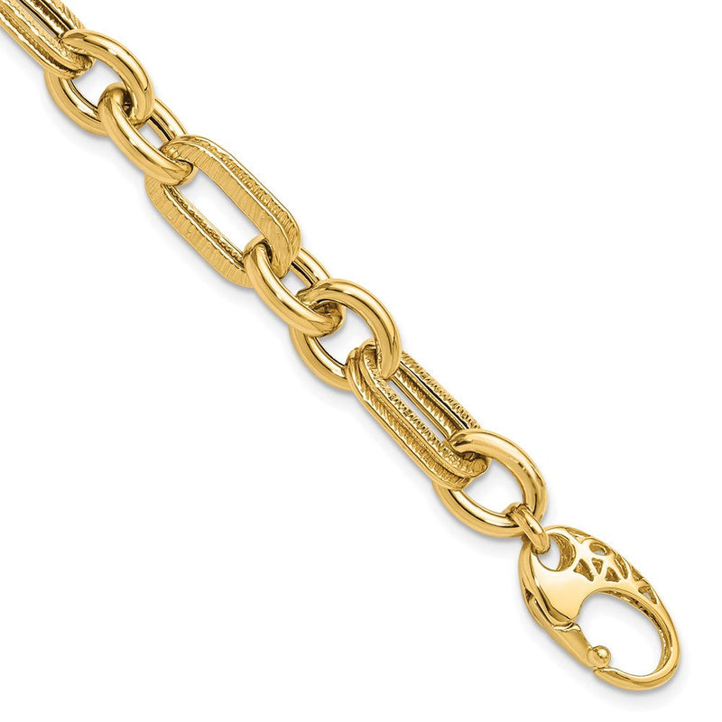 14K Gelbgold Poliert und Strukturiert 7.7mm Fantasieglieder 7.5 Zoll Armband