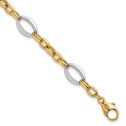 14K Bicolor Gold Bicolor Poliert Oval und Ankerkette Kette 7.25 Zoll Armband