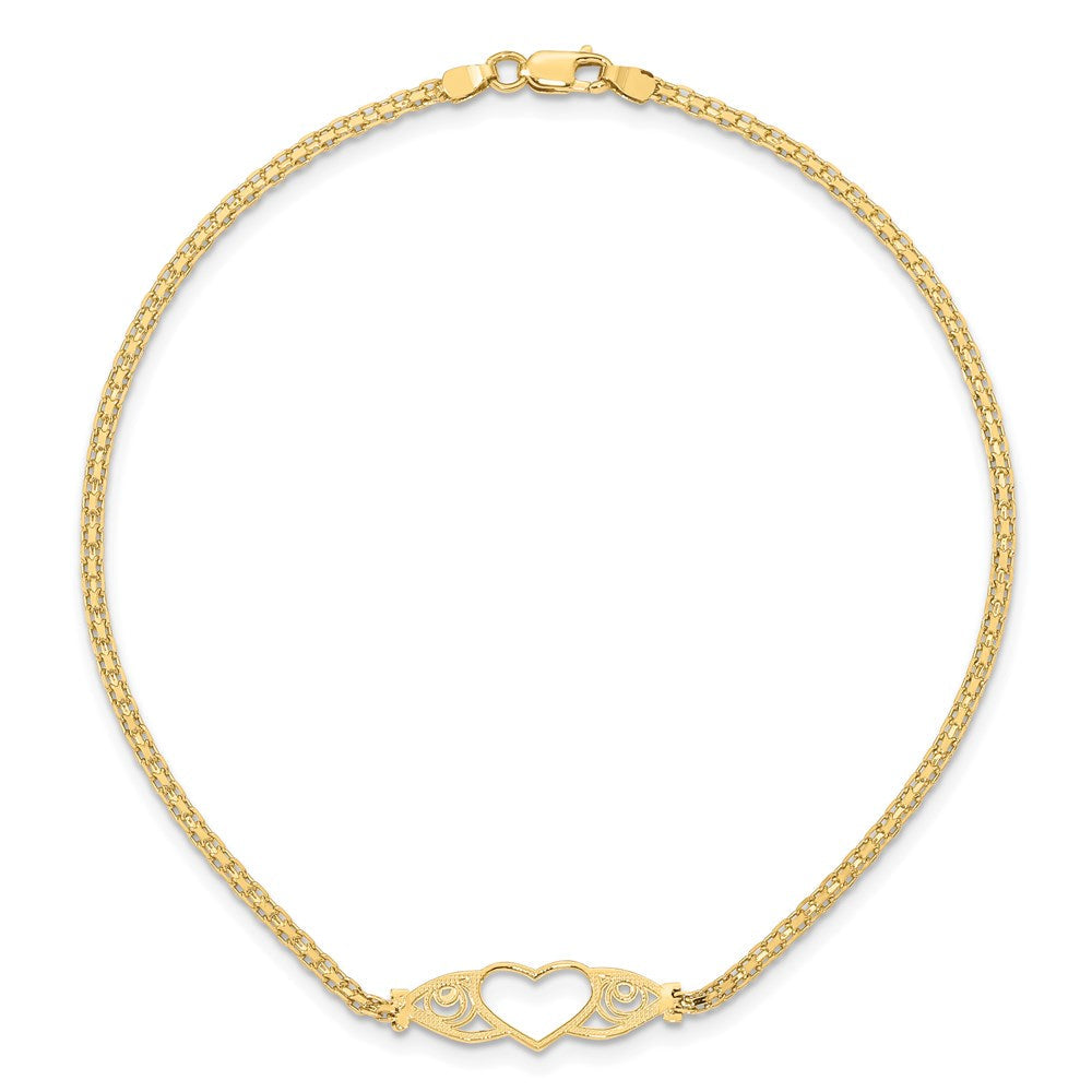 14K Gelbgold Poliert Offen Herz mit Filigran und Bismark Kette Fußkettchen