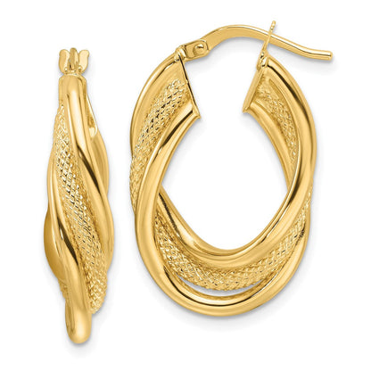 14K Gelbgold Poliert Strukturiert & Intertwined Oval Creolen