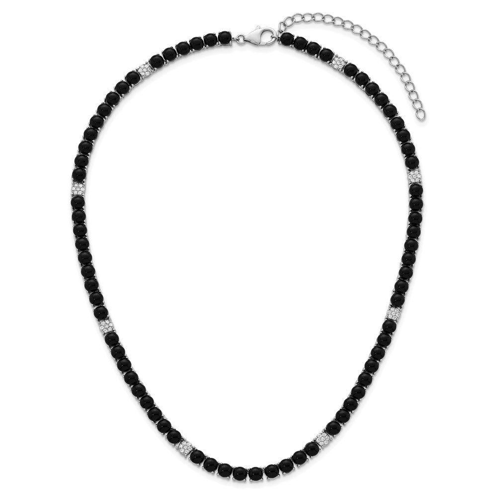 Sterlingsilber Rhodiniert Poliert Pavé Zirkonia und Onyx 17 Zoll mit 3 Zoll Verlängerung Halskette