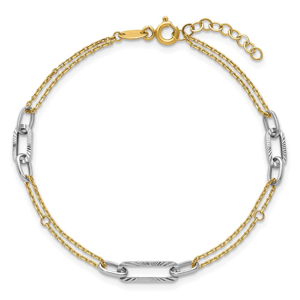 14K Bicolor Gold Bicolor Poliert und Diamantiert 3-station 6.5 Zoll Armband Plus 0.75 Zoll Verlängerung