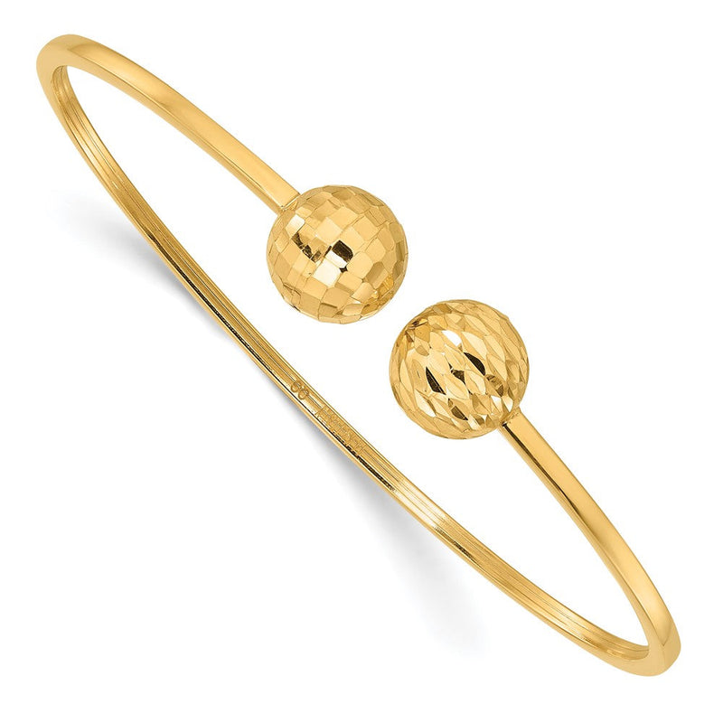 14K Gelbgold Poliert und Diamantiert 10mm Kugel 2.00mm Flexibel Oval Manschette Armreif Armband