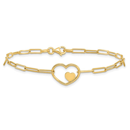 14K Gelbgold Doppelt Herzen und Büroklammer Knöpfe Gliederarmband