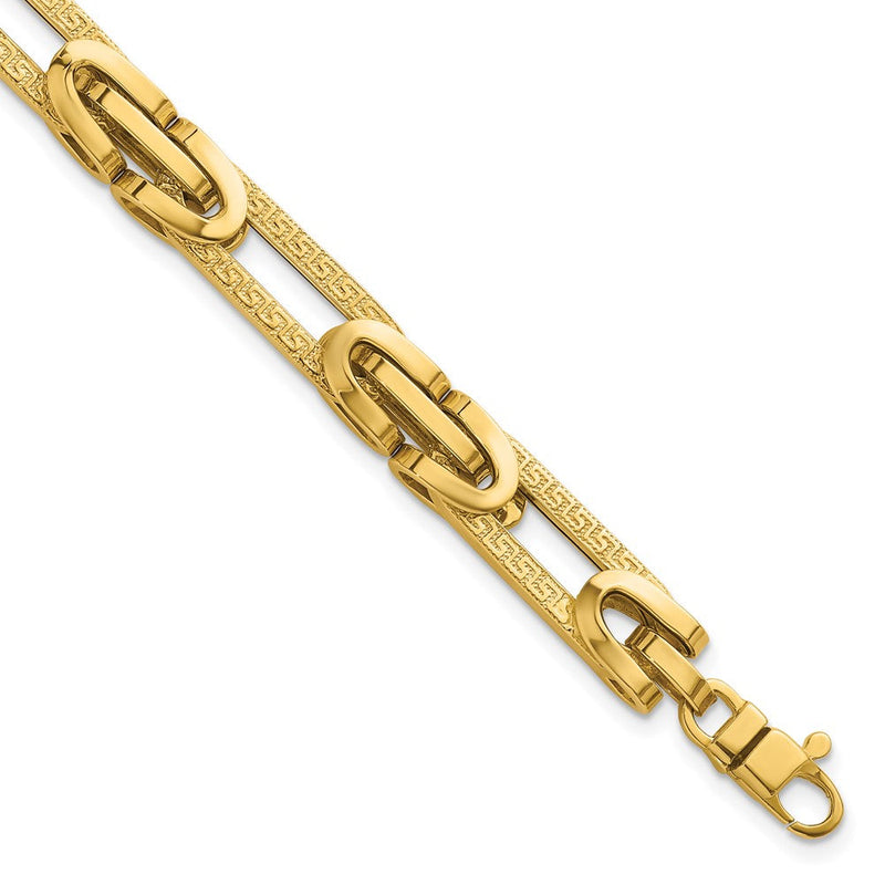 14K Gelbgold Poliert und Strukturiert 7.6mm Fantasie Greek Key Design Oval Glieder 7.25 Zoll Armband