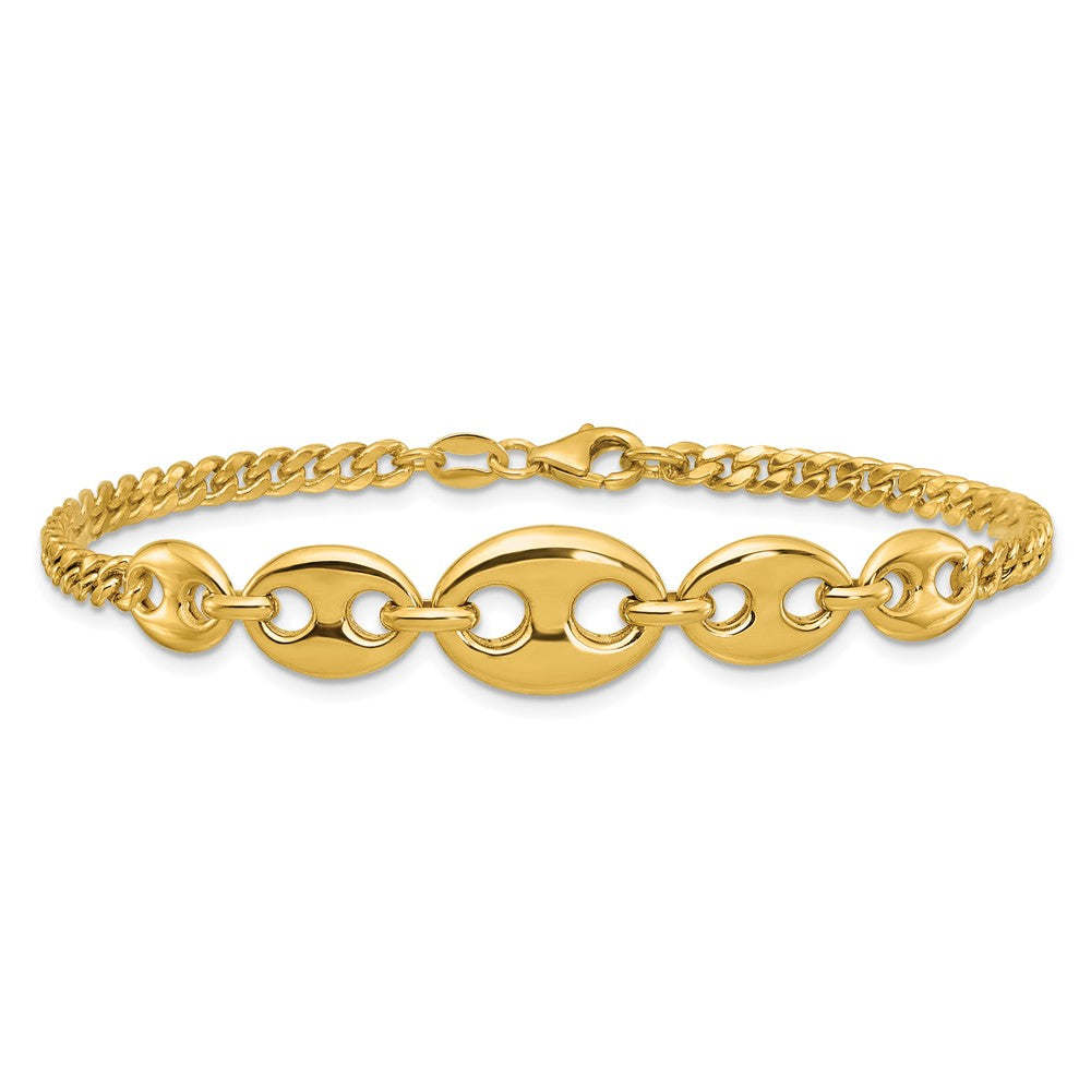 14K Gelbgold Poliert Abgestuft Gewölbt Marine und Panzer Glieder 7 Zoll Armband