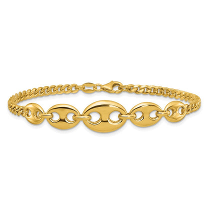 14K Gelbgold Poliert Abgestuft Gewölbt Marine und Panzer Glieder 7 Zoll Armband