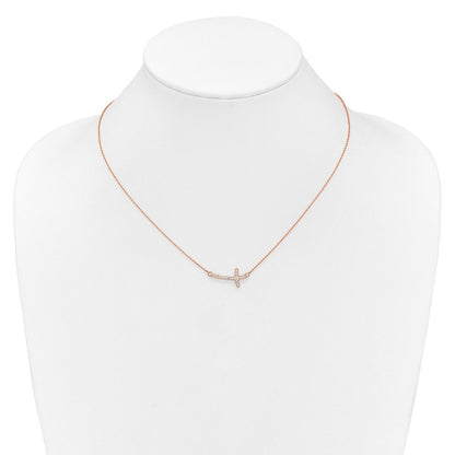 14K Roségold 1/10 Karat Diamant Seitlich Kreuz 18 Zoll Halskette