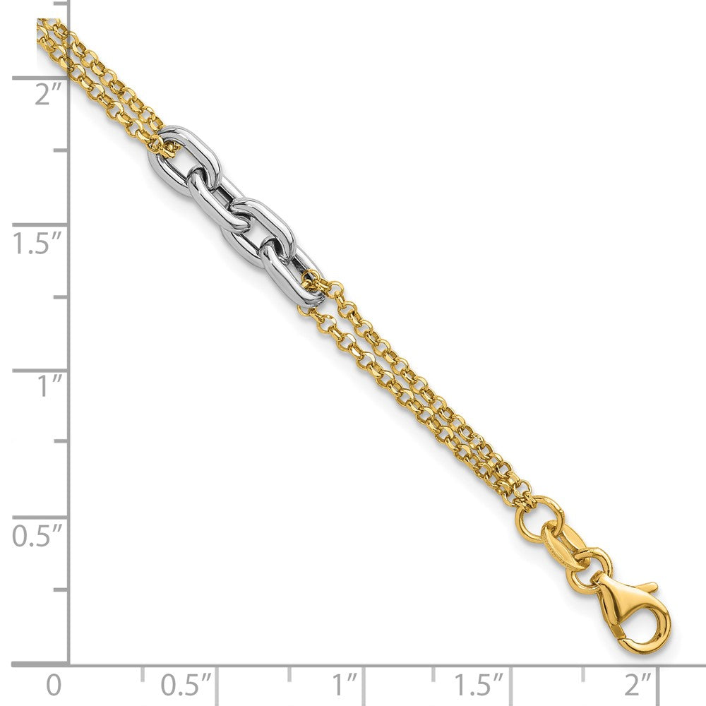 14K Bicolor Gold Poliert Fantasie Oval Glieder und Doppelt Strang Kette 7.25 Zoll mit 1 Zoll Verlängerung Armband