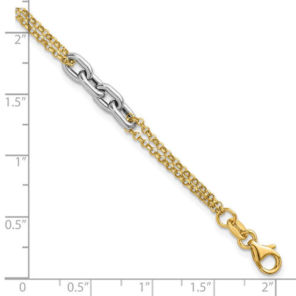 14K Bicolor Gold Poliert Fantasie Oval Glieder und Doppelt Strang Kette 7.25 Zoll mit 1 Zoll Verlängerung Armband
