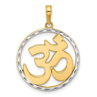 14K Gelbgold und Rhodium Diamant-geschliffener Om-Symbol-in-Kreis-Anhänger