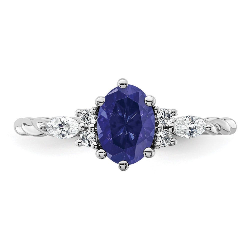 14K Weißgold Ring mit Diamant und ovalem 7x5 Labor-Saphir (September) in Größe 7, gedreht